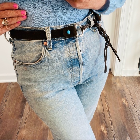 Brown Microsuede Turquoise Beads Fringe Tie Belt Adjustable Sizing 47” total - Picture 2 of 12